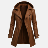 Women’s Distressed Hooded Leather Long Coat – Handmade Vintage Trench, Classic Retro Outerwear