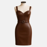 Handmade Brown Leather Bodycon Mini Dress: Belted Sleeveless Clubwear