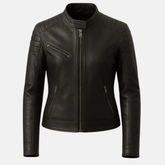 Handmade Women’s Black Leather Motorcycle Jacket – Slim Fit Biker, Classic Cafe Racer Moto Jacket