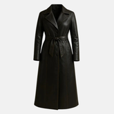 Women’s Long Leather Coat Handmade Belted Winter Trench Classic Full-Length Jacket