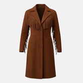 Women’s Western Suede Fringe Coat Long Cowboy Jacket Vintage Brown Leather Style
