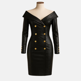 Handmade Black Leather Off-Shoulder Mini Dress: Gold Button Bodycon