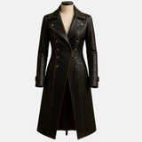 Genuine Leather Long Trench Coat: Women's Double-Breasted Gothic Overcoat