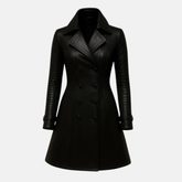 Handmade Women’s Black Leather Trench Coat – Vintage Long Jacket with High Collar, Genuine Leather