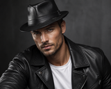 Premium Black Leather Fedora Hat for Men Classic Wide Brim Fedora with Buckle Band