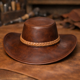 Vintage Brown Leather Cowboy Hat – Wide Brim Western Hat with Braided Band for Men & Women