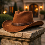 Premium Brown Suede Leather Cowboy Hat for Men Western Style Wide Brim Hat with Braided Band