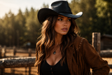 Women’s Black Leather Cowboy Hat – Premium Western Cowgirl Hat with Wide Brim
