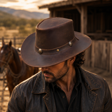 Distressed Brown Leather Cowboy Hat – Premium Western Outback Hat for Men