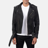 Mens Furton Disressed Black Leather Biker Jacket