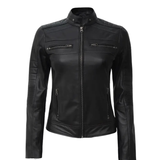 Women's Black Lambskin Leather Cafe Racer Jacket: Handmade Biker Style