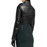 Womens BLACK CROPPED Leather Jacket | Lambskin Leather Motor Biker Bolero SHRUG Jacket Long Sleeves | Street Fashion Jacket Gift Her