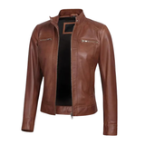 Women's Reddish Maroon Sheepskin Leather Cafe Racer Biker Jacket