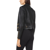 Black Lambskin Leather Biker Jacket: Gold Hardware, Racer Style