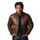Men's Brown Distressed Sheepskin Leather Cafe Racer Motorcycle Jacket