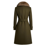 Handmade Wool Trench Coat: Olive Green, Fur Collar, Belted Winter Overcoat