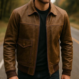 Men’s Classic Brown Leather Jacket Vintage Bomber Style Zip-Up Casual Jacket