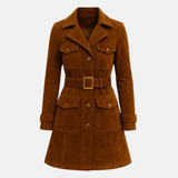 Women’s Suede Leather Coat Handmade Tan Suede Trench Jacket Genuine Leather Belted Coat Vintage Style Winter Outerwear
