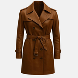 Handmade Brown Leather Trench Coat - Women's Classic Belted Jacket