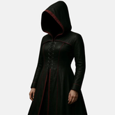 Handmade Black Gothic Leather Hooded Coat for Women Long Trench Corset Jacket Dark Fantasy Cloak Medieval Witch Costume