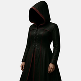 Handmade Black Gothic Leather Hooded Coat for Women Long Trench Corset Jacket Dark Fantasy Cloak Medieval Witch Costume