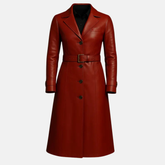 Handmade Red Leather Trench Coat: Full Length Genuine Leather Belted Jacket