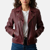 Women’s Desaturated Red Genuine Leather Jacket Classic Biker Style Moto Jacket – Handmade Real Leather Outerwear – Stylish Casual Fall & Winter Coat