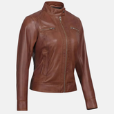 Women's Reddish Maroon Sheepskin Leather Cafe Racer Biker Jacket