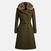 Handmade Wool Trench Coat: Olive Green, Fur Collar, Belted Winter Overcoat