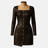 Handmade Fitted Black Leather Mini Dress - Button Front