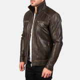 Mens Hudson Brown Leather Biker Jacket