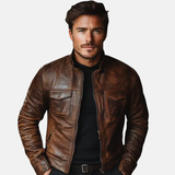 Men's Brown Distressed Sheepskin Leather Cafe Racer Motorcycle Jacket