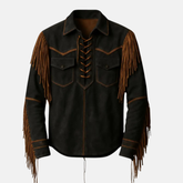 Men’s Western Fringe Jacket Cowboy Lace-Up Suede Style Vintage Rodeo Leather Shirt