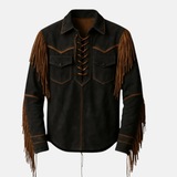 Men’s Western Fringe Jacket Cowboy Lace-Up Suede Style Vintage Rodeo Leather Shirt