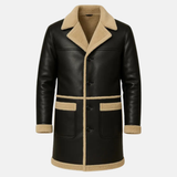 Men’s Shearling Leather Coat Black Winter Jacket Warm Long Fur Lined Coat