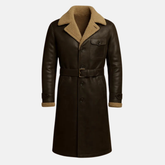 Men’s Brown Shearling Genuine Leather Trench Coat - Handmade Belted Winter Outerwear