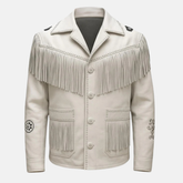 Men’s White Fringe Jacket Western Leather Cowboy Coat Vintage Rodeo Style