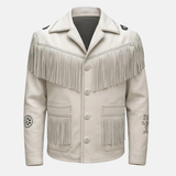 Men’s White Fringe Jacket Western Leather Cowboy Coat Vintage Rodeo Style