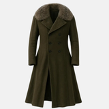 Handmade Olive Green Wool Overcoat: Vintage Double-Breasted Trench with Faux Fur Collar