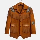 Men’s Western Fringe Jacket Cowboy Suede Leather Coat Beaded Native Style Outfit
