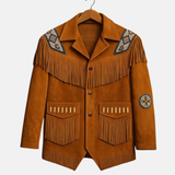 Men’s Western Fringe Jacket Cowboy Suede Leather Coat Beaded Native Style Outfit