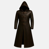 Handmade Men's Brown Leather Hooded Trench Coat: Gothic Medieval Overcoat