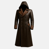 Handmade Two-Tone Brown Leather Trench Coat - Men's Gothic Hooded Overcoat