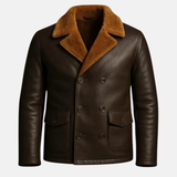 Men’s Brown Shearling Jacket Real Leather Winter Coat Warm Fur Lined Jacket
