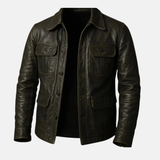 Handmade Men’s Leather Jacket – Vintage Four Pockets, Stylish Shirt Collar Leather Coat