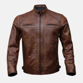 Brown Cowhide Leather Biker Jacket – Vintage Cafe Racer Style