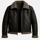 Men's Handmade Leather Bomber Jacket: Black with Gray Faux Fur