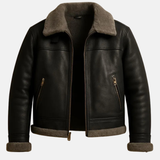 Men's Handmade Leather Bomber Jacket: Black with Gray Faux Fur