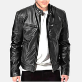Cafe Racer Leather Jacket: Genuine Sheepskin, Black Metal Zips