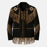 Men’s Western Fringe Jacket Cowboy Beaded Style Vintage Rodeo Leather Coat